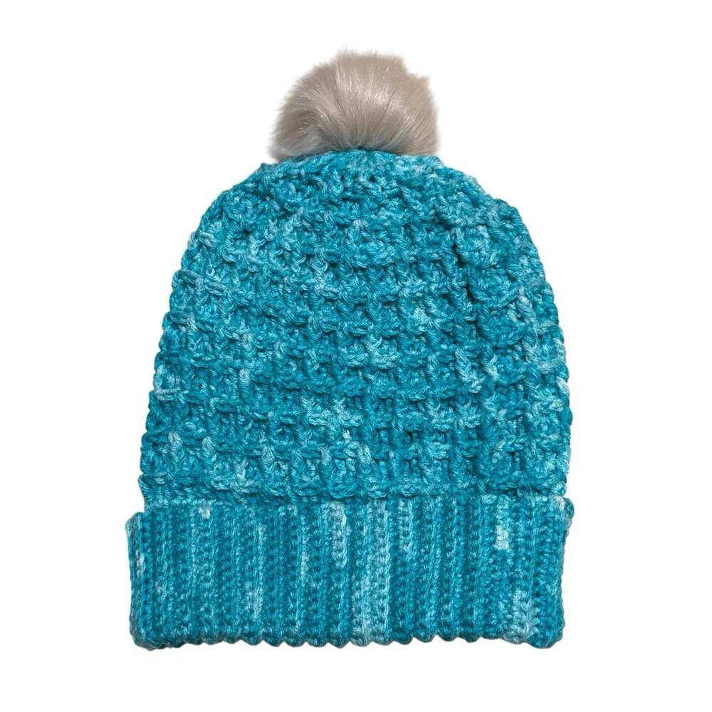 Hand Knit Blue Variegated Crochet Beanie Faux Fur Pom Winter Hat